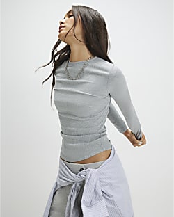 Grey Long Sleeve Ribbed Crew Neck Top