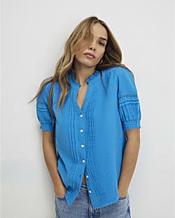 Blue Frill Collar Short Sleeve Blouse