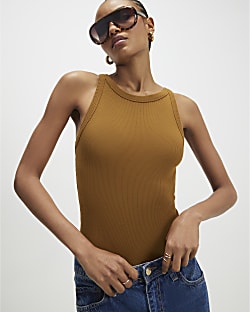 Brown Sleeveless Ribbed Tank Top