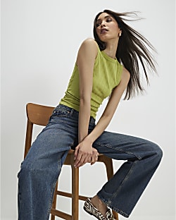 Green Sleeveless Wide Ribbed Tank Top