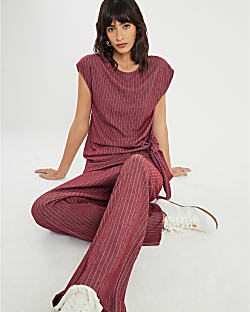 Red Pinstripe Drawstring Wide Leg Trousers