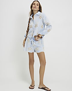 Blue Embroidered Cutwork Shorts