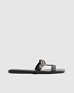 Black Leather T Bar Buckle Sandals