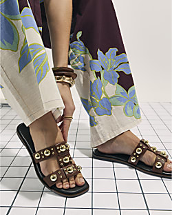 Brown Leather Studded Flat Sandals