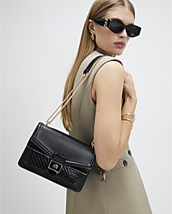 Black Tab Front Chain Shoulder Bag