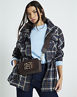 Brown Faux Suede Branded Cross Body Bag