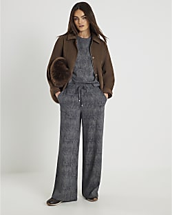 Grey Premium Crinkle Effect Wide Leg Joggers