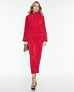 Red Plisse Long Sleeve Wrap Midi Dress