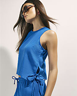 Blue Linen Blend Sleeveless Tank Top