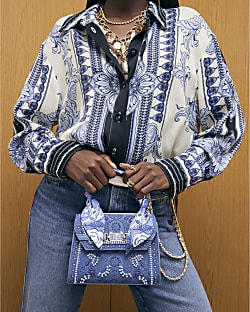 Blue Mini Embroidered Cross Body Tote Bag