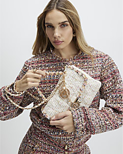 Cream Boucle Flap Front Shoulder Bag