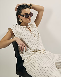 Cream Linen Blend Striped Tie Neck Top