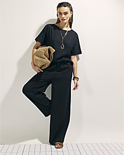 Black Linen Blend Short Sleeve Top