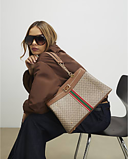 Beige Monogram Webbing Front Chain Tote Bag