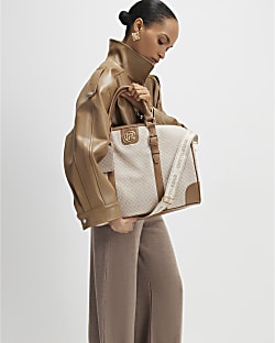 Beige Buckled Monogram Barrell Bag