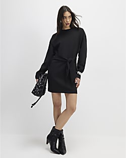 Black Tie Front Mini Sweatshirt Dress