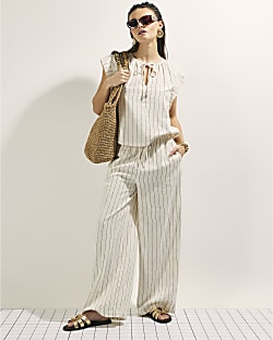 Cream Linen Blend Striped Trousers