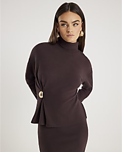 Brown Long Sleeve Cosy Gold Detail Top