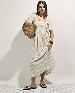 Beige Stripe Linen Blend Shirred Midi Dress