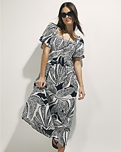 Black Tropical Leaf Shirred Midi Dress