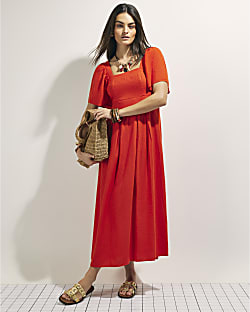 Red Linen Blend Shirred Midi Dress