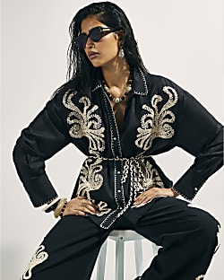 Black Embroidered Beach Shirt