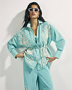 Green Embroidered Long Sleeve Beach Shirt