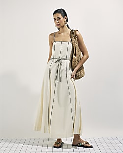 Cream Piped Belted Midi Dress