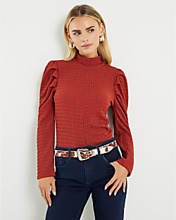 Petite Red Long Sleeve Ruched Shoulder Top