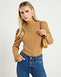 Petite Beige Long Sleeve Ruched Shoulder Top