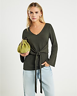 Petite Khaki Long Sleeve Tie Waist Top