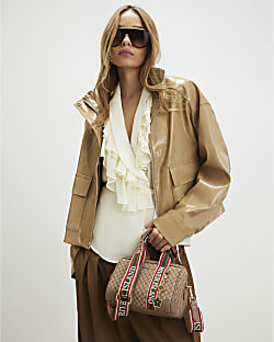 Beige Jacquard Monogram Bowler Bag