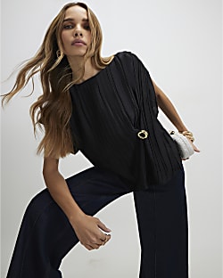 Black Satin Plisse Gold Detail Top