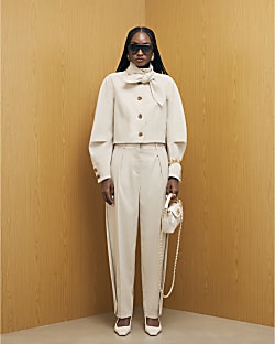 Cream Herringbone Tapered Trousers