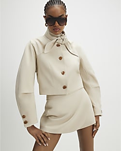 Cream Herringbone Button Detail Wrap Skort