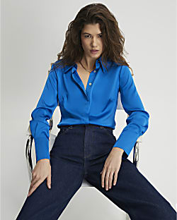 Blue Satin Long Sleeve Slim Fit Shirt