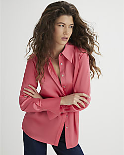 Pink Satin Long Sleeve Slim Fit Shirt