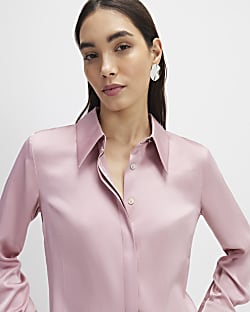 Pink Satin Long Sleeve Slim Fit Shirt