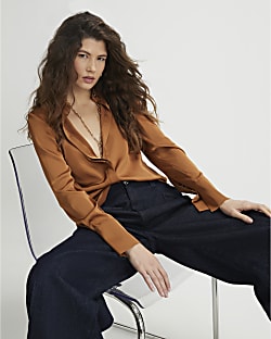 Brown Satin Long Sleeve Slim Fit Shirt