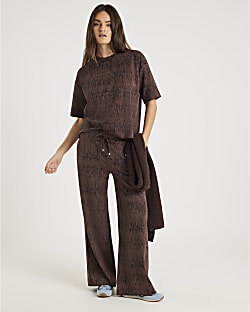 Brown Premium Crinkle Effect Wide Leg Joggers