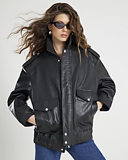 Black Oversize Leather Bomber Jacket