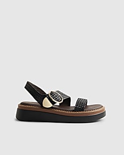 Black Woven Buckle Flatform Sandals