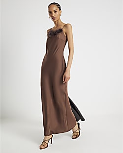Brown Satin Feather Trim Slip Maxi Dress