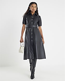 Black Leather Belted Shirt Dress