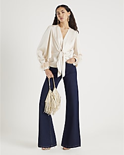Cream Satin Knot Front Feather Cuff Top