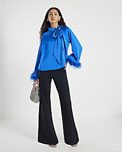 Blue Satin Long Sleeve Feather Blouse