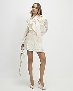 Cream Belted Spot Print Shorts