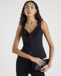 Black Sleeveless Lace Trim Waistcoat