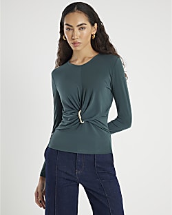 Green Long Sleeve Wrap Detail Top
