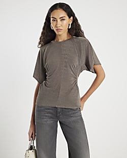 Beige Short Sleeve Ruched Waist Slinky Top